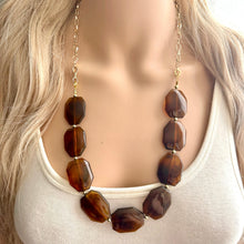 Load image into Gallery viewer, Bourbon Brown &amp; Gold Long Necklace, dark brown bead necklace, single strand bib necklace, brown resin statement layering jewelry chocolate