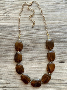 Bourbon Brown & Gold Long Necklace, dark brown bead necklace, single strand bib necklace, brown resin statement layering jewelry chocolate