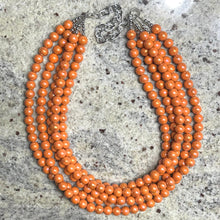 Load image into Gallery viewer, Chunky Multi 5 Strand Statement Necklace, orange peel beaded jewelry, shiny orange jewelry, chunky bib metallic ball beads