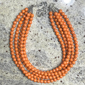 Chunky Multi 5 Strand Statement Necklace, orange peel beaded jewelry, shiny orange jewelry, chunky bib metallic ball beads