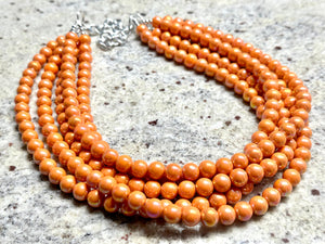 Chunky Multi 5 Strand Statement Necklace, orange peel beaded jewelry, shiny orange jewelry, chunky bib metallic ball beads