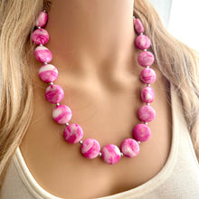 Load image into Gallery viewer, Perfect Pink Swirls Statement Necklace Jewelry, Chunky Jewelry Big Beaded Single Strand Necklace, tie dye magenta white geometric Necklace