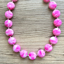 Load image into Gallery viewer, Perfect Pink Swirls Statement Necklace Jewelry, Chunky Jewelry Big Beaded Single Strand Necklace, tie dye magenta white geometric Necklace