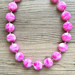 Perfect Pink Swirls Statement Necklace Jewelry, Chunky Jewelry Big Beaded Single Strand Necklace, tie dye magenta white geometric Necklace