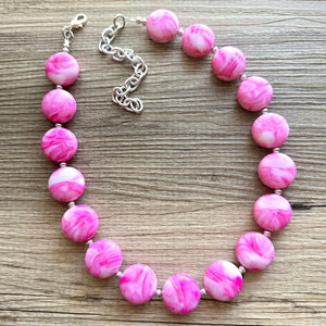 Perfect Pink Swirls Statement Necklace Jewelry, Chunky Jewelry Big Beaded Single Strand Necklace, tie dye magenta white geometric Necklace