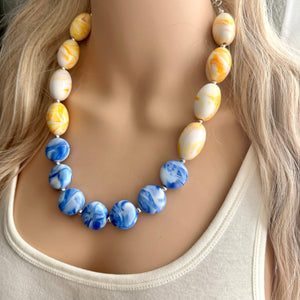 Yellow & Blue Single Strand Big Beaded Statement Necklace, yellow Jewelry, Royal blue beaded necklace, yellow bridesmaid necklace jewelry