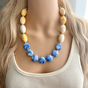 Yellow & Blue Single Strand Big Beaded Statement Necklace, yellow Jewelry, Royal blue beaded necklace, yellow bridesmaid necklace jewelry