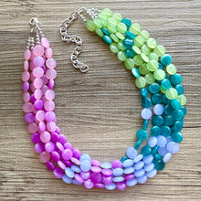 Load image into Gallery viewer, Bali Beach Resort Statement Necklace, Chunky 5 Strand Jewelry, purple pink blue necklace, bib beaded periwinkle collar blue bead lavender