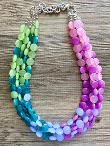 Bali Beach Resort Statement Necklace, Chunky 5 Strand Jewelry, purple pink blue necklace, bib beaded periwinkle collar blue bead lavender