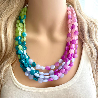 Bali Beach Resort Statement Necklace, Chunky 5 Strand Jewelry, purple pink blue necklace, bib beaded periwinkle collar blue bead lavender