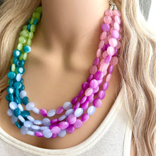 Load image into Gallery viewer, Bali Beach Resort Statement Necklace, Chunky 5 Strand Jewelry, purple pink blue necklace, bib beaded periwinkle collar blue bead lavender