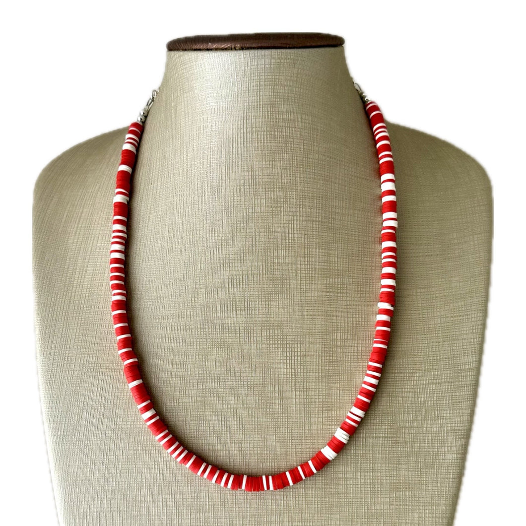 Red & White Heishi Beaded Necklace, Colorful Jewelry, Chunky statement layering beaded necklace, color block necklace Christmas December