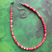 Load image into Gallery viewer, Red &amp; White Heishi Beaded Necklace, Colorful Jewelry, Chunky statement layering beaded necklace, color block necklace Christmas December