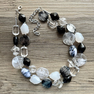 Black & White Splash Contrast Statement Necklace, chunky beaded jewelry, neutral necklace, black white neutral necklace, beaded jewelry dark