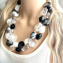 Load image into Gallery viewer, Black &amp; White Splash Contrast Statement Necklace, chunky beaded jewelry, neutral necklace, black white neutral necklace, beaded jewelry dark