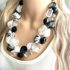 Black & White Splash Contrast Statement Necklace, chunky beaded jewelry, neutral necklace, black white neutral necklace, beaded jewelry dark