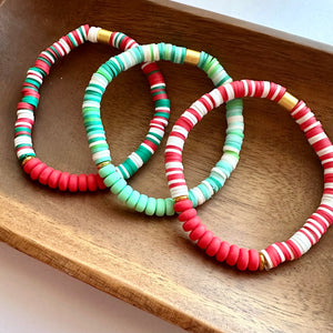 Christmas Bracelet Set, Red Green White Holiday Jewelry, Christmas Colora Gift Arm Candy Present, stocking stuffer clay stretch friendship