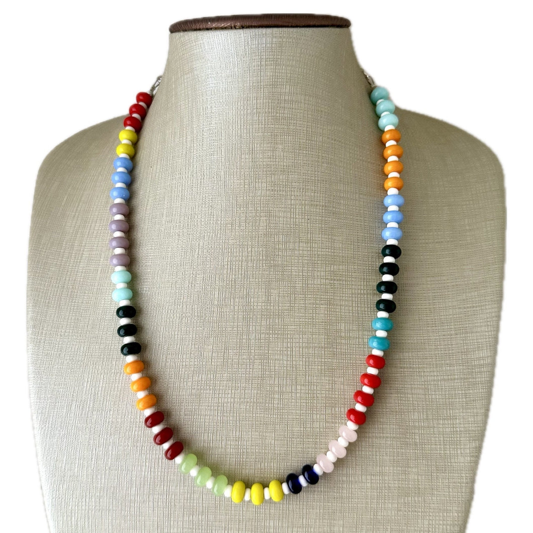 Rainbow Porcelain Block Layering Rainbow Beaded 1 Strand Necklace, Colorful Jewelry, Chunky statement jelly bean confetti silver bubble