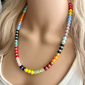 Rainbow Porcelain Block Layering Rainbow Beaded 1 Strand Necklace, Colorful Jewelry, Chunky statement jelly bean confetti silver bubble