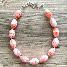 Load image into Gallery viewer, Red Orange &amp; White Necklace, single strand jewelry, big beaded chunky statement necklace, red resin swirl bridesmaid necklace, bib necklace