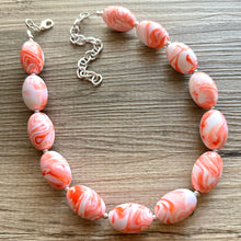 Load image into Gallery viewer, Red Orange &amp; White Necklace, single strand jewelry, big beaded chunky statement necklace, red resin swirl bridesmaid necklace, bib necklace