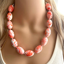 Load image into Gallery viewer, Red Orange &amp; White Necklace, single strand jewelry, big beaded chunky statement necklace, red resin swirl bridesmaid necklace, bib necklace