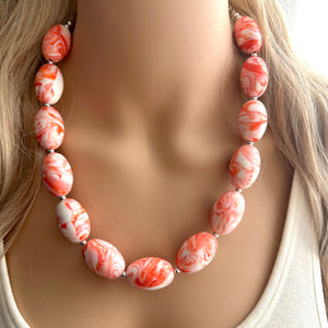 Red Orange & White Necklace, single strand jewelry, big beaded chunky statement necklace, red resin swirl bridesmaid necklace, bib necklace