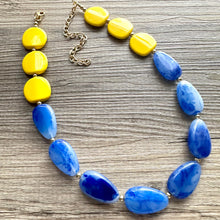 Load image into Gallery viewer, Yellow Sunshine &amp; Royal Blue Cream Chunky Statement Necklace, Big beaded jewelry Bib necklace, yellow bridesmaid wedding