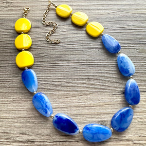 Yellow Sunshine & Royal Blue Cream Chunky Statement Necklace, Big beaded jewelry Bib necklace, yellow bridesmaid wedding