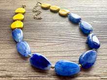 Load image into Gallery viewer, Yellow Sunshine &amp; Royal Blue Cream Chunky Statement Necklace, Big beaded jewelry Bib necklace, yellow bridesmaid wedding