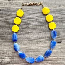 Load image into Gallery viewer, Yellow Sunshine &amp; Royal Blue Cream Chunky Statement Necklace, Big beaded jewelry Bib necklace, yellow bridesmaid wedding