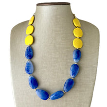 Load image into Gallery viewer, Yellow Sunshine &amp; Royal Blue Cream Chunky Statement Necklace, Big beaded jewelry Bib necklace, yellow bridesmaid wedding