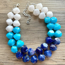 Load image into Gallery viewer, Blue Ombré statement necklace, chunky light blue necklace earrings, royal bib necklace, aqua turquoise jewelry, beaded blue necklace jewelry