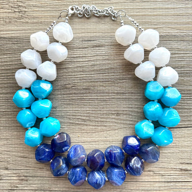 Blue Ombré statement necklace, chunky light blue necklace earrings, royal bib necklace, aqua turquoise jewelry, beaded blue necklace jewelry