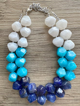 Load image into Gallery viewer, Blue Ombré statement necklace, chunky light blue necklace earrings, royal bib necklace, aqua turquoise jewelry, beaded blue necklace jewelry