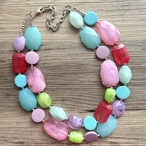Unicorn Garden Chunky Statement Necklace, Big beaded jewelry, Double Strand pink purple Bib lime mint green bridesmaid wedding