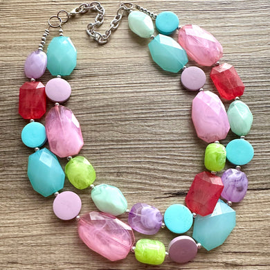 Unicorn Garden Chunky Statement Necklace, Big beaded jewelry, Double Strand pink purple Bib lime mint green bridesmaid wedding