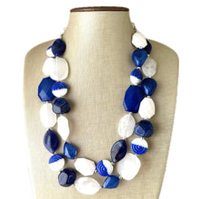 Load image into Gallery viewer, Blue Ombre Necklace, Double strand jewelry, big beaded chunky statement royal blue denim white, blue ombre, blue bridesmaid, blue jewelry