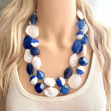 Load image into Gallery viewer, Blue Ombre Necklace, Double strand jewelry, big beaded chunky statement royal blue denim white, blue ombre, blue bridesmaid, blue jewelry
