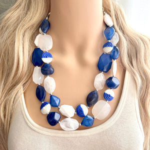 Blue Ombre Necklace, Double strand jewelry, big beaded chunky statement royal blue denim white, blue ombre, blue bridesmaid, blue jewelry