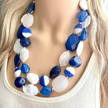 Load image into Gallery viewer, Blue Ombre Necklace, Double strand jewelry, big beaded chunky statement royal blue denim white, blue ombre, blue bridesmaid, blue jewelry