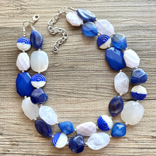 Load image into Gallery viewer, Blue Ombre Necklace, Double strand jewelry, big beaded chunky statement royal blue denim white, blue ombre, blue bridesmaid, blue jewelry