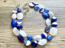 Load image into Gallery viewer, Blue Ombre Necklace, Double strand jewelry, big beaded chunky statement royal blue denim white, blue ombre, blue bridesmaid, blue jewelry