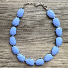 Load image into Gallery viewer, Periwinkle Chunky Statement Necklace, single strand bib beaded jewelry, sky blue color block necklace, beaded light blue aqua jewelry