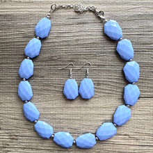 Load image into Gallery viewer, Periwinkle Chunky Statement Necklace, single strand bib beaded jewelry, sky blue color block necklace, beaded light blue aqua jewelry