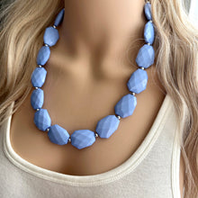 Load image into Gallery viewer, Periwinkle Chunky Statement Necklace, single strand bib beaded jewelry, sky blue color block necklace, beaded light blue aqua jewelry