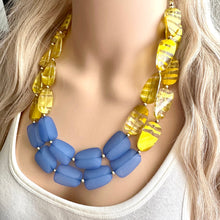 Load image into Gallery viewer, Gold &amp; Blue Big Bead Necklace, multi Strand Statement Jewelry, layered chain Chunky bib, bridesmaid necklace beaded painted yellow