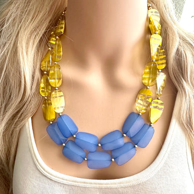 Gold & Blue Big Bead Necklace, multi Strand Statement Jewelry, layered chain Chunky bib, bridesmaid necklace beaded painted yellow