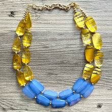Load image into Gallery viewer, Gold &amp; Blue Big Bead Necklace, multi Strand Statement Jewelry, layered chain Chunky bib, bridesmaid necklace beaded painted yellow