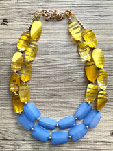 Load image into Gallery viewer, Gold &amp; Blue Big Bead Necklace, multi Strand Statement Jewelry, layered chain Chunky bib, bridesmaid necklace beaded painted yellow
